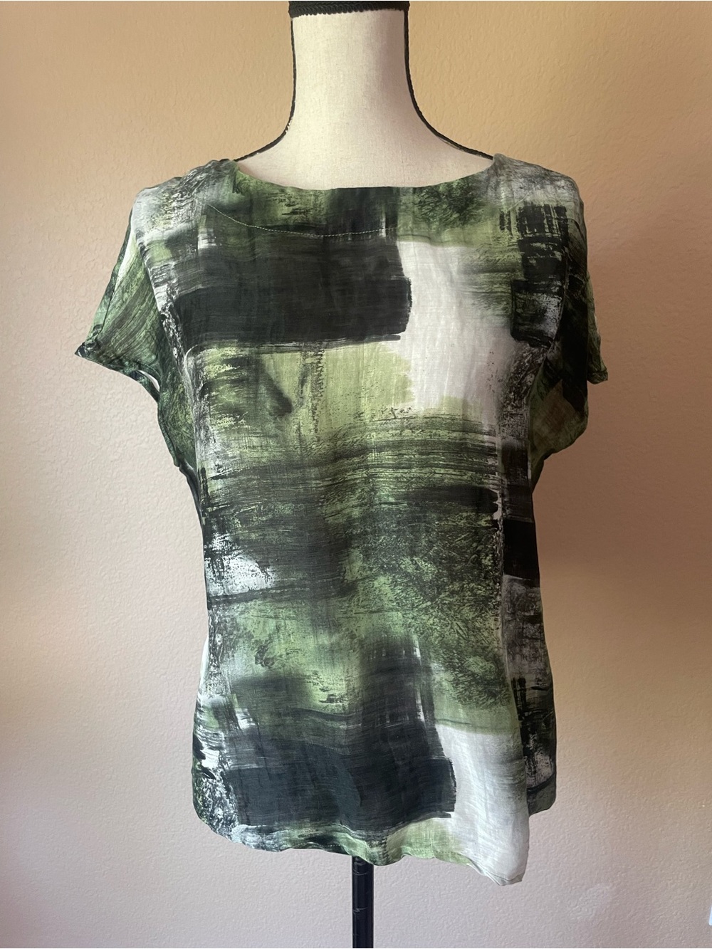 Bryn Walker 80% linen 20% silk semi sheer lagenlook abstract art to wear top M - Picture 2 of 13